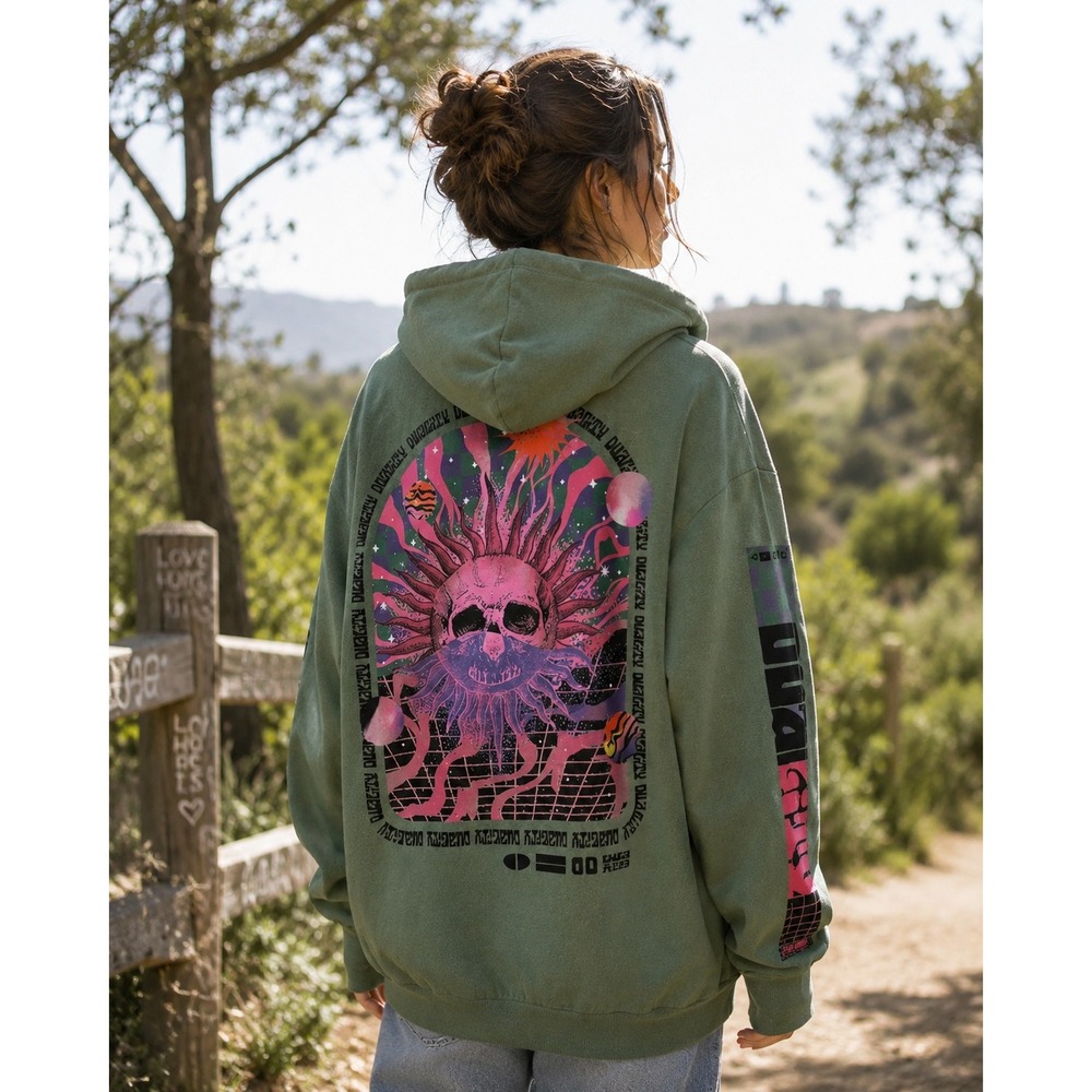 Chemistry Sage Green Trippy Skull Graphic Hoodie Psychedelic Streetwear Large